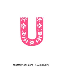 Letter U. Vector. Pink letter with ornament. Applique for clothes. Logo for the company.