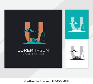 Letter U with vintage beach illustration logo template