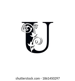 letter U. Vintage black flower ornament initial letters.  Alphabet. Logo vector 