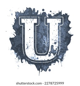 Letter U, Vintage Logo Icon, Paint and Brush Texture,Dirty Splat and Spray Texture,Metallic Drip in Modern Blue Texture