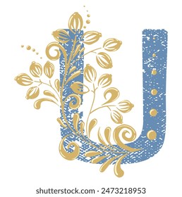 Letter U in vintage style with beautiful gold swirls. The letter is shabby as if it were old. Traditional floral motifs. For monogram, invitations, wedding, decoration.