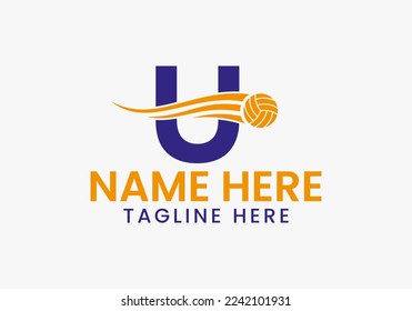 Letter U Volleyball Logo Concept With Moving Volley Ball Icon. Volleyball Sports Logotype