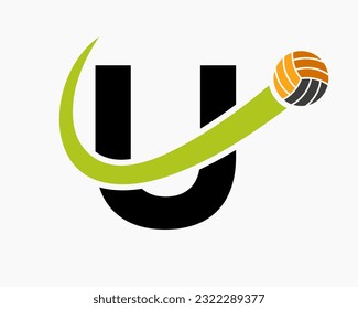Letter U Volleyball Logo Concept With Moving Volley Ball Icon. Volleyball Sports Logotype Template