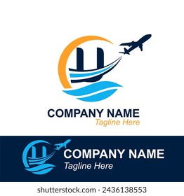 Letra U con logotipo de Onda y Avión Volador para Agencia de Viajes. Logotipo de diseño vectorial para etiqueta de transporte de viajes, turismo, publicidad de la compañía de vuelos