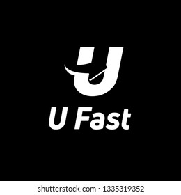 Letter U white logo with negative space arrow logo for business, transportation, delivery company isolated on black background. - Vector Illustration