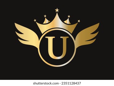 Letter U Wing Logo Concept With Crown Icon Vector Template. Wing Symbol