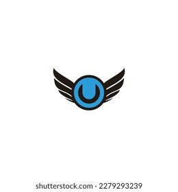 Letter U in wings, circle blue geometric symbol simple logo vector