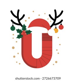 Monograma de invierno de letra U, estilo de textura de punto, adornos colgantes, cornamentas de ramas, detalle de bufanda, Vector festivo cálido