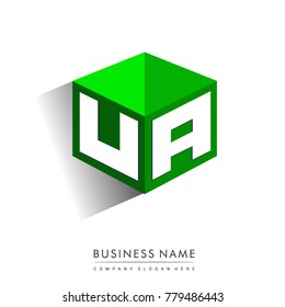 Letter UA logo in hexagon shape and green background, cube logo with letter design for company identity.
