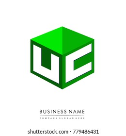 Letter UC logo in hexagon shape and green background, cube logo with letter design for company identity.
