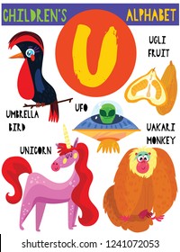 Letter U.Cute children's alphabet with adorable animals and other things.Poster for kids learning English vocabulary.Cartoon vector illustration.