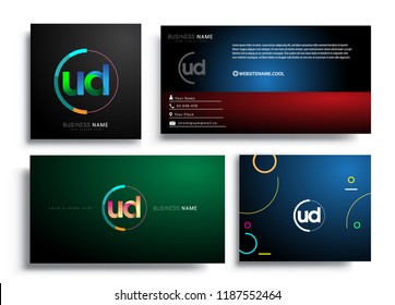 Letter UD logotype with colorful circle, letter combination logo design with ring, sets of business card for company identity, creative industry, web, isolated on white background.