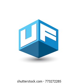 Letter UF logo in hexagon shape and blue background, cube logo with letter design for company identity.
