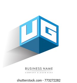 Letter UG logo in hexagon shape and blue background, cube logo with letter design for company identity.
