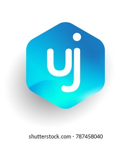 Letter UJ logo in hexagon shape and colorful background, letter combination logo design for business and company identity.
