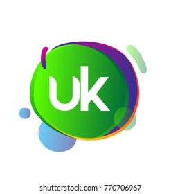 Letter UK logo with colorful splash background, letter combination logo design for creative industry, web, business and company.
