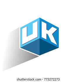 Letter UK logo in hexagon shape and blue background, cube logo with letter design for company identity.
