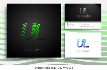 Letter UL logotype with colorful circle, with striped composition letter, sets of business card for company identity, creative industry, web.
