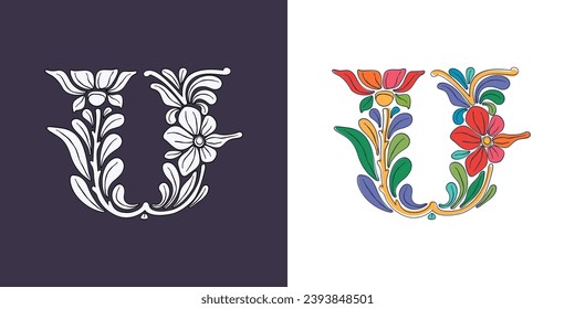 Letter Ulogo with botanical and flower pattern. Traditional leaves and curved lines embroidery ornament. Icon for wedding ceremony, vintage greeting cards, birthday identity and party invitations.