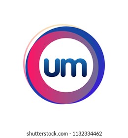 Letter UM logo with colorful circle, letter combination logo design with ring, circle object for creative industry, web, business and company.
