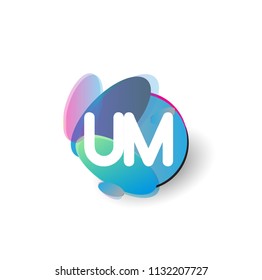 Letter UM logo with colorful splash background, letter combination logo design for creative industry, web, business and company.