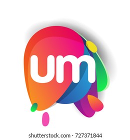 Letter UM logo with colorful splash background, letter combination logo design for creative industry, web, business and company.
