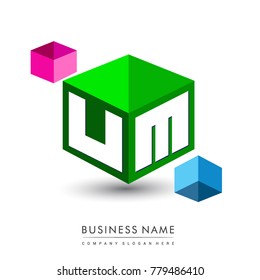 Letter UM logo in hexagon shape and green background, cube logo with letter design for company identity.

