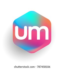 Letter UM logo in hexagon shape and colorful background, letter combination logo design for business and company identity.
