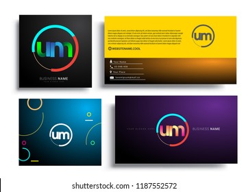 Letter UM logotype with colorful circle, letter combination logo design with ring, sets of business card for company identity, creative industry, web, isolated on white background.