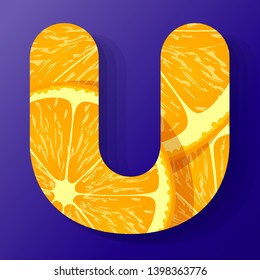 Letter U,made of orange fruit slices, isolated on a dark blue background, vector illustration