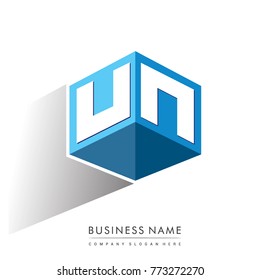Letter UN logo in hexagon shape and blue background, cube logo with letter design for company identity.
