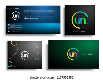 Letter UN logotype with colorful circle, letter combination logo design with ring, sets of business card for company identity, creative industry, web, isolated on white background.