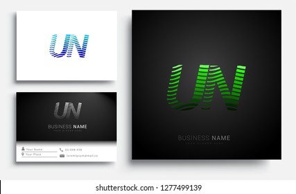 Letter UN logotype with colorful circle, with striped composition letter, sets of business card for company identity, creative industry, web.
