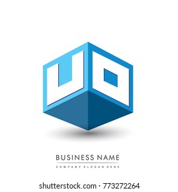 Letter UO logo in hexagon shape and blue background, cube logo with letter design for company identity.

