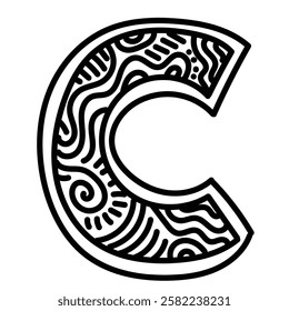 Letter Uppercase C with doodle inside. Simple illustration. Hand drawn doodle for sticker, postcard, wallpaper, mural, fabric, prints, wall decor, clothing, etc