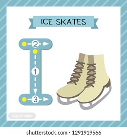 Letter I uppercase cute children colorful transportations ABC alphabet tracing flashcard of Ice Skates for kids learning English vocabulary and handwriting Vector Illustration.