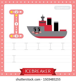 Letter I uppercase cute children colorful transportations ABC alphabet tracing practice worksheet of Icebreaker for kids learning English vocabulary and handwriting Vector Illustration.