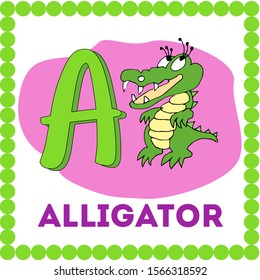 Letter A uppercase cute children colorful zoo and animals ABC alphabet tracing flashcard. Learning card for kids. English Vocabulary vector illustration. 