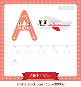 Letter A uppercase cute children colorful transportations ABC alphabet tracing practice worksheet of Airplane for kids learning English vocabulary and handwriting Vector Illustration.