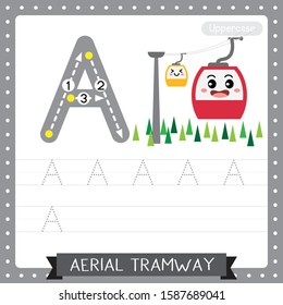 Letter A uppercase cute children colorful transportations ABC alphabet tracing practice worksheet of Aerial Tramway for kids learning English vocabulary and handwriting Vector Illustration.