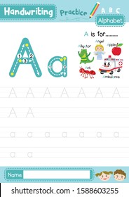 Letter A Uppercase And Lowercase Cute Children Colorful ABC Alphabet Trace Practice Worksheet For Kids Learning English Vocabulary And Handwriting Layout In A4 Vector Illustration.