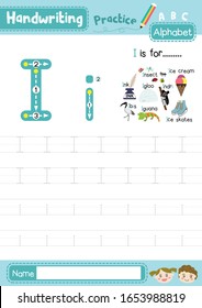 Letter I uppercase and lowercase cute children colorful ABC alphabet trace practice worksheet for kids learning English vocabulary and handwriting layout in A4 vector illustration. svg