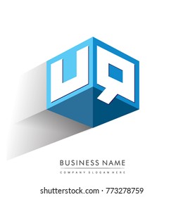 Letter UQ logo in hexagon shape and blue background, cube logo with letter design for company identity.

