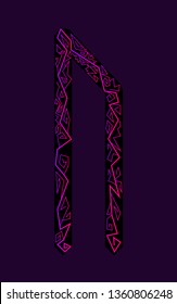 Letter Uruz. Ancient Scandinavian runes. Runes senior futarka. Magic, ceremonies, religious symbols. Predictions and amulets. Ornament lightning. Dark background, black runes, purple-red ornament Neon