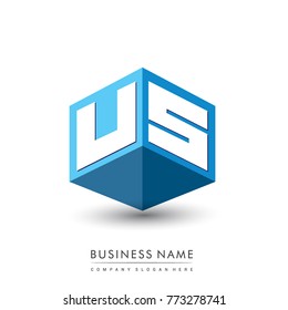Letter US logo in hexagon shape and blue background, cube logo with letter design for company identity.
