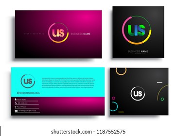 Letter US logotype with colorful circle, letter combination logo design with ring, sets of business card for company identity, creative industry, web, isolated on white background.