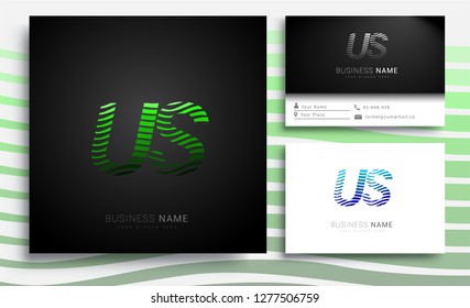 Letter US logotype with colorful circle, with striped composition letter, sets of business card for company identity, creative industry, web.
