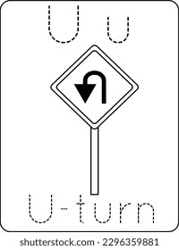 Letter Uu uppercase and lowercase, cute children coloring a u-turn, ABC alphabet tracing practice worksheet of a u-turn for kids learning English vocabulary, and handwriting vector illustration