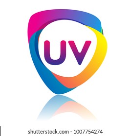 Letter UV logo with colorful splash background, letter combination logo design for creative industry, web, business and company.