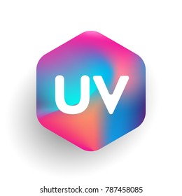 Letter UV logo in hexagon shape and colorful background, letter combination logo design for business and company identity.
